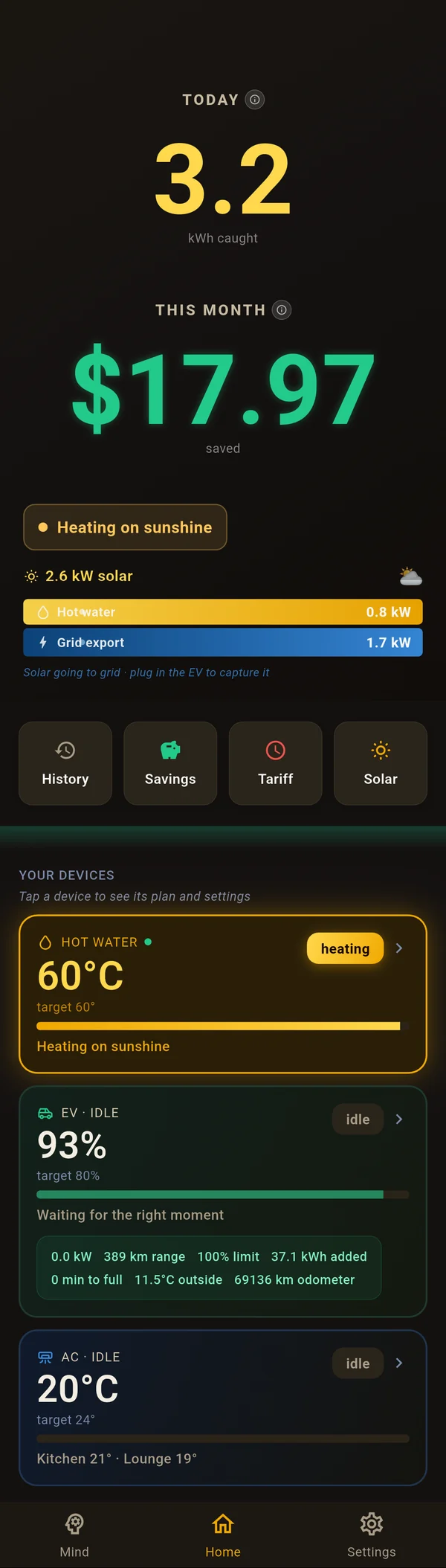 The Powermind app — today's solar caught, savings, and connected devices